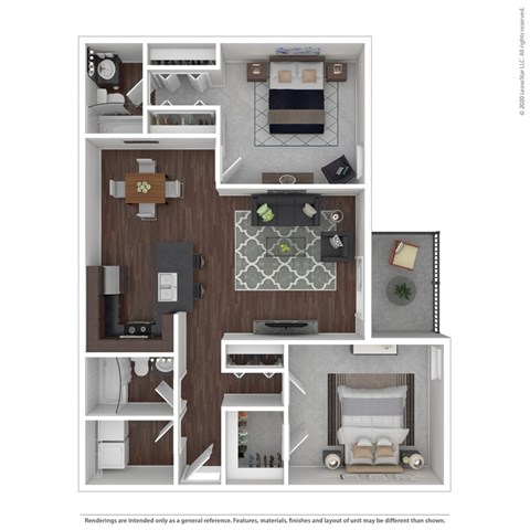 A floor plan of a two-bedroom apartment with a living room, kitchen, and bathroom.